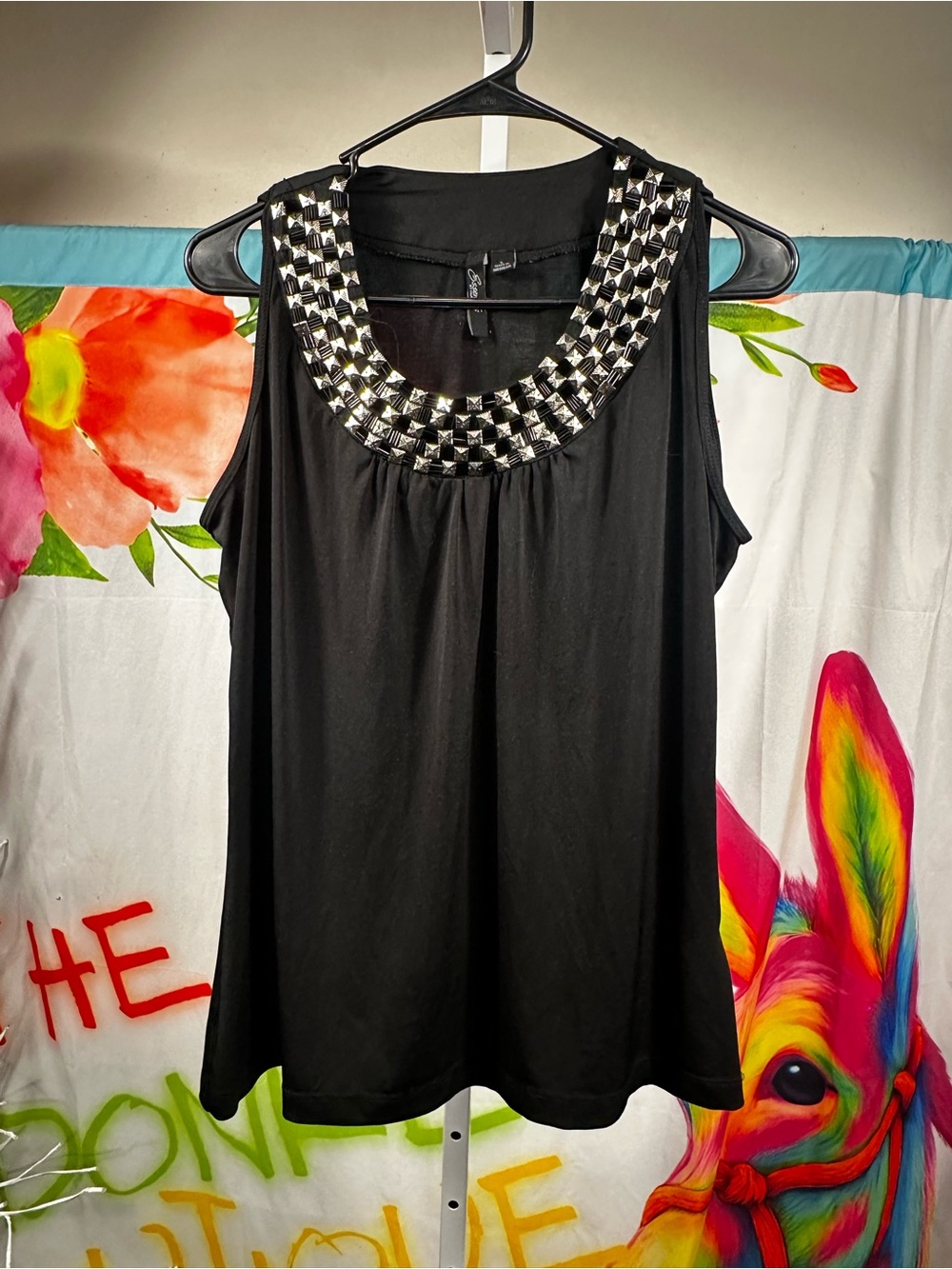 X235. Essentials by Milano- Black Beaded Neckline Sleeveless Top